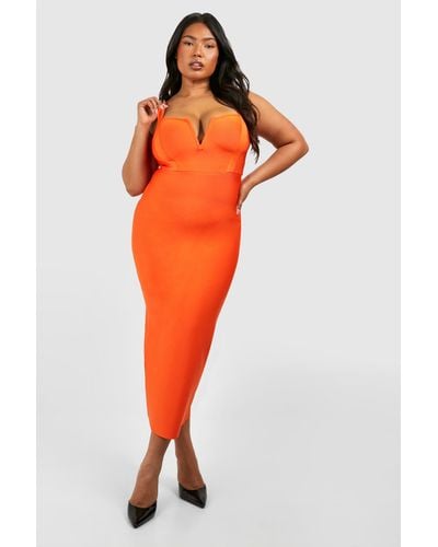Boohoo Plus Bandage Mesh V Midi Dress - Orange