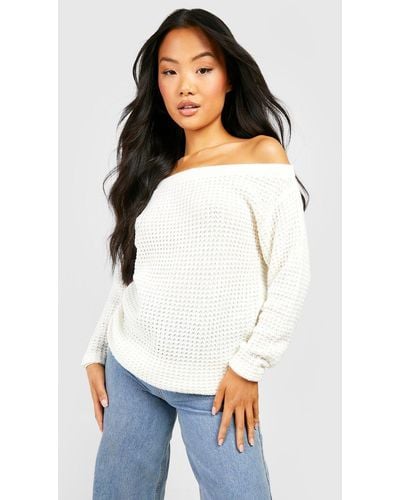 Boohoo Petite Waffle Knit Off The Shoulder Sweater - White