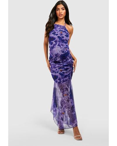 Boohoo Maternity Bold Abstract Mesh Flare Hem Halter Midi Dress - Purple