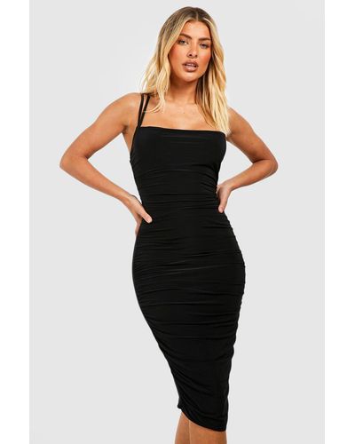 Boohoo Double Slinky Strappy Ruched Midi Dress - Black