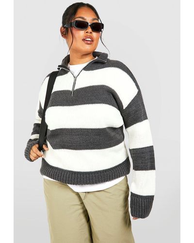 Boohoo Plus Stripe Half Zip Sweater - Gray