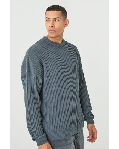 BoohooMAN Oversized Ribbed Chenille Crew Neck Sweater - Blue