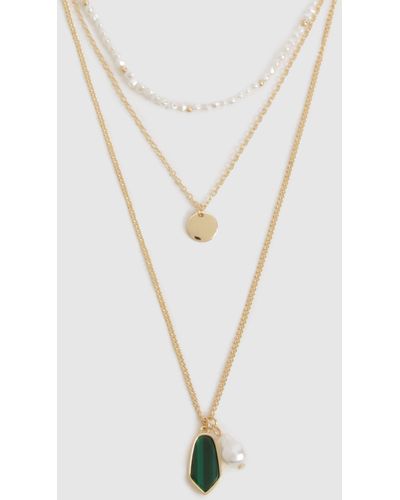Boohoo Emerald Pendant Detail Layered Necklace - Blanco