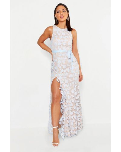 Boohoo Lace Ruffle Split Maxi Dress - White