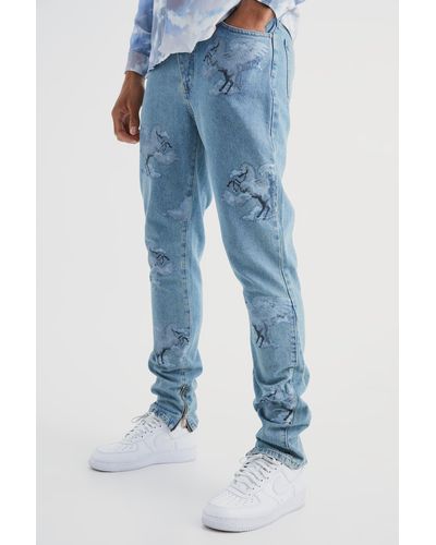 BoohooMAN Tall Slim Rigid All Over Graphic Gusset Jeans - Blue