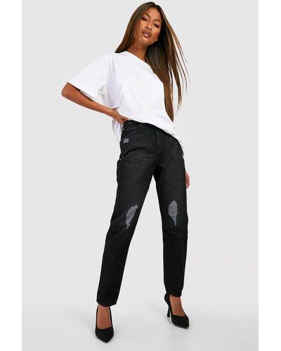 Boohoo Pantalón Mom De Tiro Alto Con Rodilla Rajada - Negro