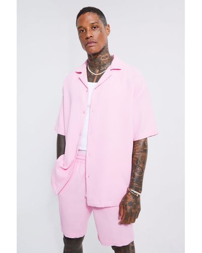 BoohooMAN Pleated Short Sleeve Oversized Boxy Shirt - Pink