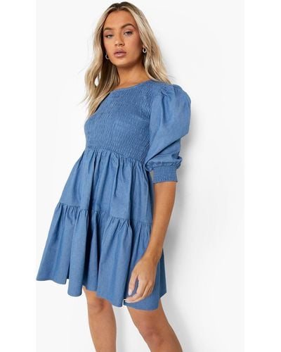 Boohoo Shirred Puff Sleeve Chambray Smock Dress - Blue