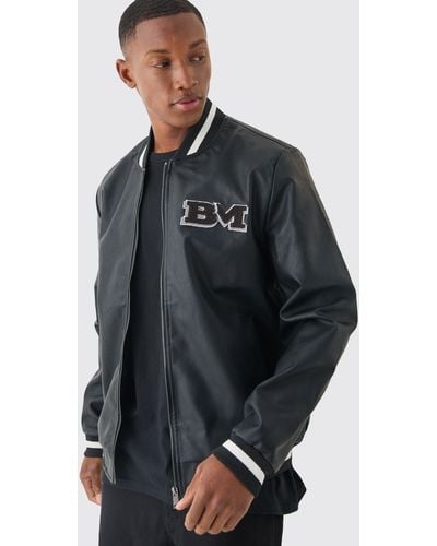 BoohooMAN Pu Badge Varsity Jacket - Gray