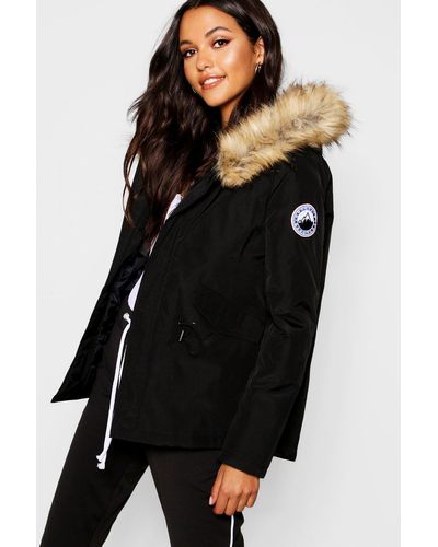 Boohoo Luxe Faux Fur Sporty Parka Coat - Black