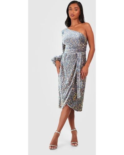 Boohoo Petite Velvet Sequin Asymmetric Wrap Midi Dress - Blue