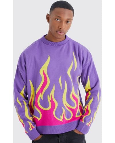 BoohooMAN Boxy Flame Knitted Sweater - Purple