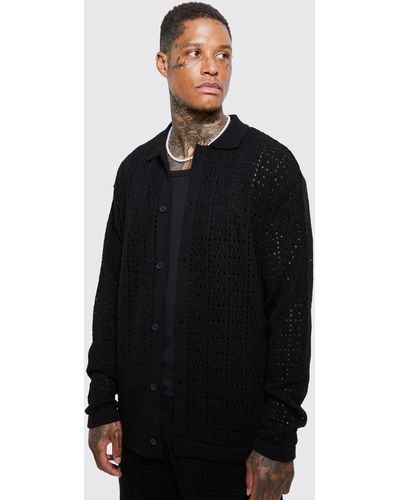 Boohoo Oversized Long Sleeve Crochet Shirt - Black