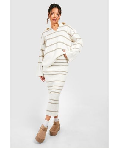Boohoo Fine Gauge Stripe Collaed Sweater And Skirt Knitted Set - Natural