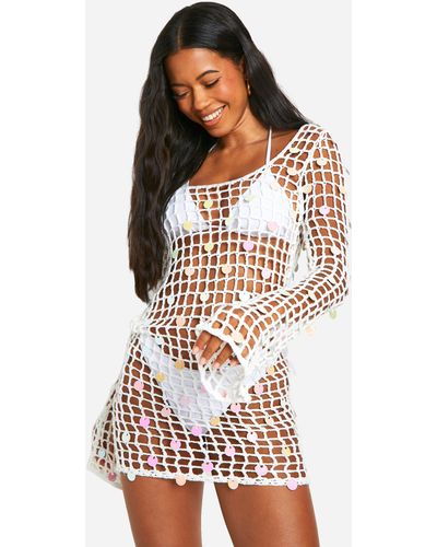 Boohoo Crochet Disk Sequin Beach Mini Dress - White