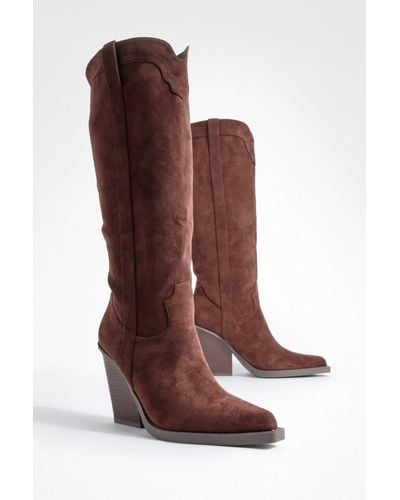 Boohoo Wide Fit Knee High Chunky Rand Western Cowboy Boots - Brown