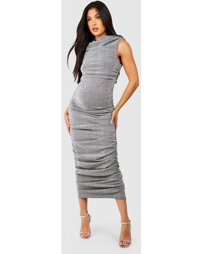 Boohoo Maternity Metallic Ruched Cowl Detail Midaxi Dress - Gray