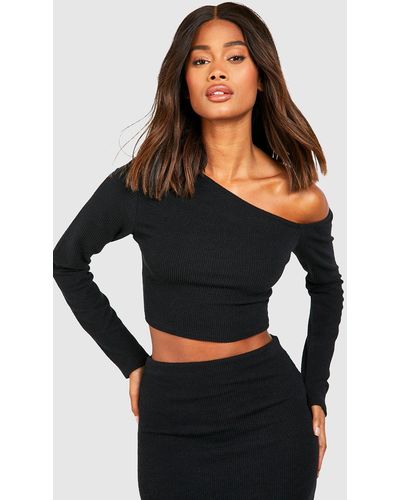 Boohoo Top De Canalé Recto Con Escote Barco Y Escote Barco - Negro