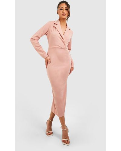 Boohoo Crepe Long Sleeved Wrap Tailored Midi Dress - Pink