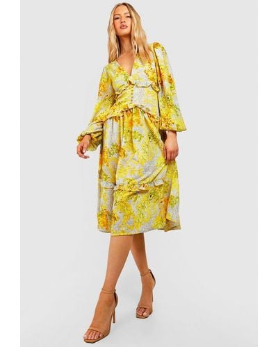 Boohoo Tall Floral Ruffle Waist Detail Midi Dress - Yellow