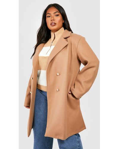 Boohoo Plus Wool Look Double Breasted Military Buttons Coat - Blue