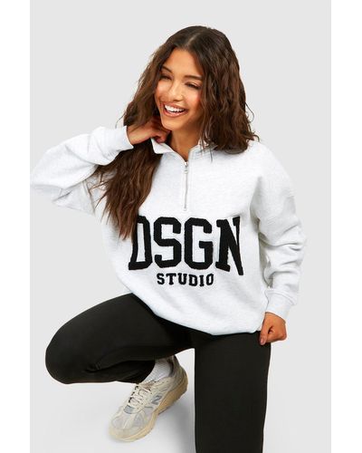 Boohoo Dsgn Studio Towelling Applique Half Zip Oversized Sweatshirt - White