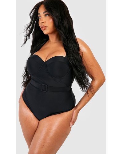 Boohoo Plus Belted Underwired Tummy Control Bathing Suit - Black