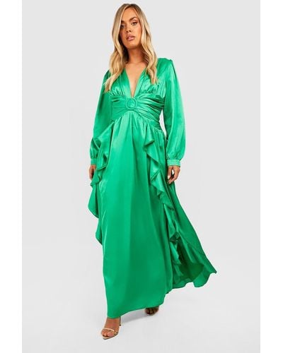 Boohoo Plus Satin Ruffle Plunge Maxi Dress - Green