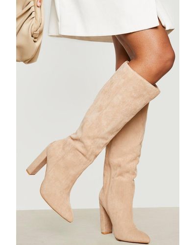 Boohoo Wide Width Pointed Knee High Heeled Boots - Natural