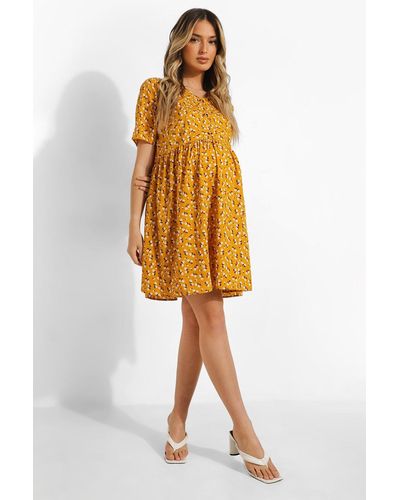 Boohoo Maternity Floral Button Down Smock Dress - Yellow
