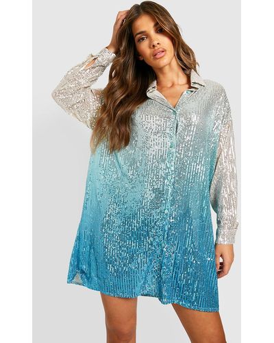 Boohoo Sequin Ombre Oversized Shirt Party Dress - Blue