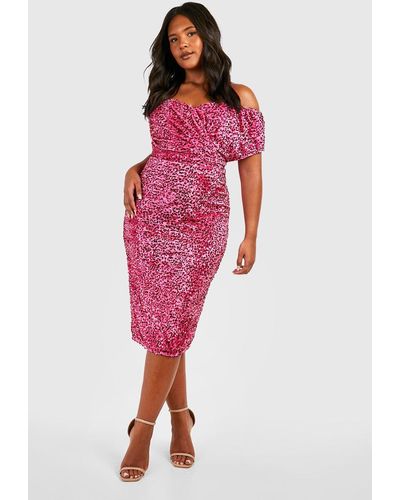 Boohoo Plus Sequin Off The Shoulder Wrap Midi Dress - Pink