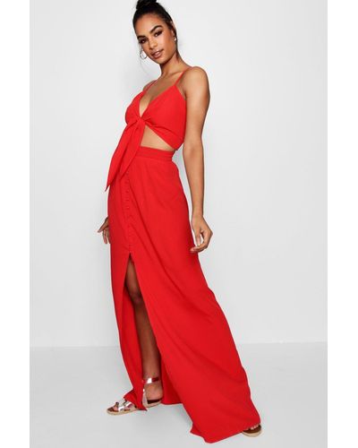 Boohoo Tall Tie Front Top And Maxi Skirt Two-piece - Red