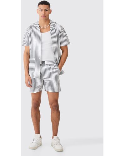 BoohooMAN Short Sleeve Oversized Stripe Hem Pocket Shirt - Gray