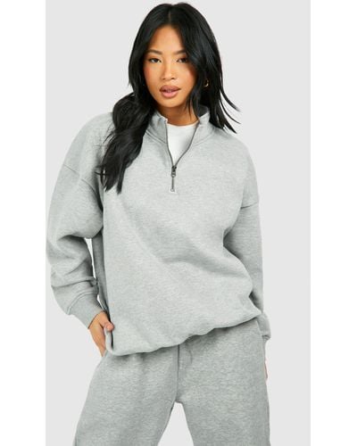 Boohoo Petite Basic Oversized Half Zip Sweatshirt - Grey