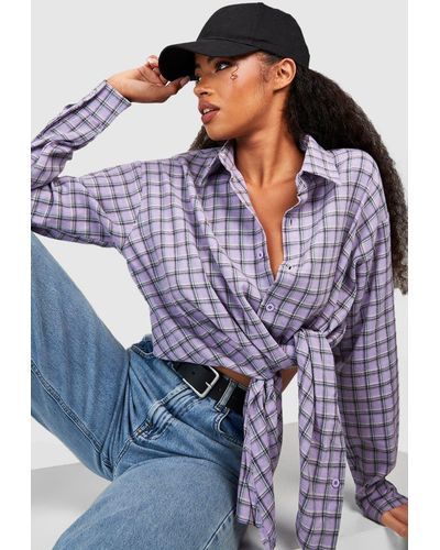 Boohoo Flannel Cropped Side Tie Shirt - Blue