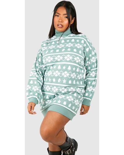 Boohoo Plus Roll Neck Fairisle Christmas Sweater Dress - Blue