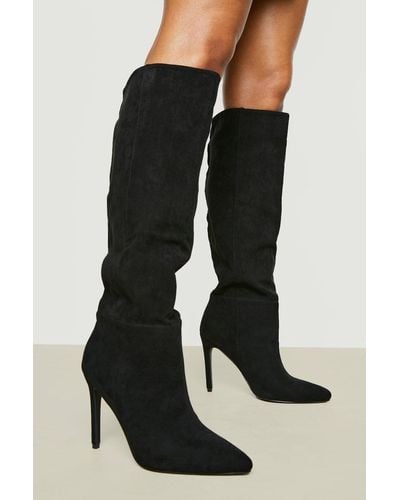 Boohoo Pointed Knee High Stiletto Heeled Boots - Black