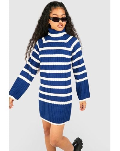 Boohoo Petite Roll Neck Wide Sleeve Stripe Sweater Dress - Blue