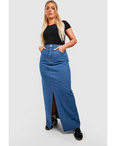 Boohoo Plus Denim Split Front Maxi Skirt - Azul