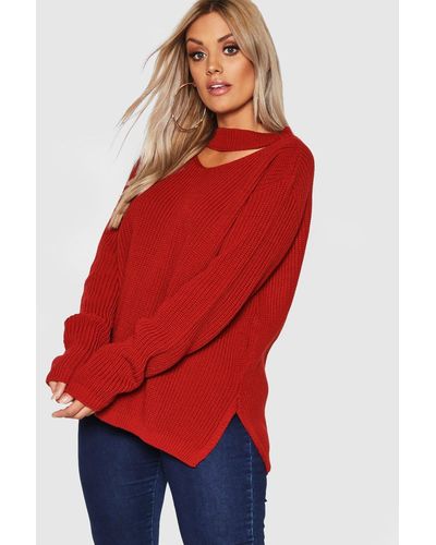 Boohoo Plus Choker Side Split Sweater - Red