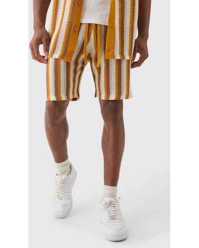 Boohoo Relaxed Open Stitch Stripe Knit Short In Mustard - Yellow