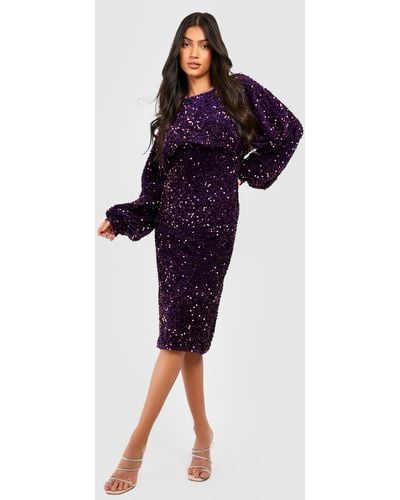 Boohoo Maternity Velvet Sequin Blouson Midi Dress - Purple