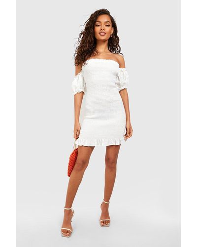 Boohoo Shirred Off The Shoulder Chambray Mini Dress - White