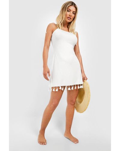 Boohoo Tassel Hem Swing Beach Mini Dress - White