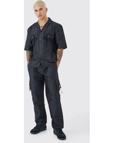 Boohoo Short Sleeve Oversized Revere Utility Shirt & Cargo Trouser Set - Blue
