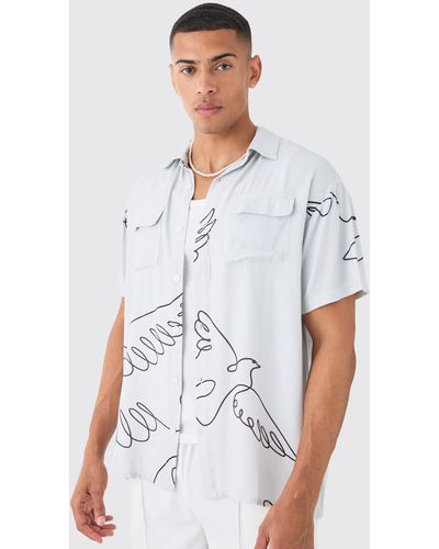 BoohooMAN Short Sleeve Oversized Viscose Line Bird Shirt - Gray