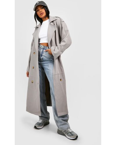 Boohoo Double Breasted Trench Belted Trench Coat - Gray