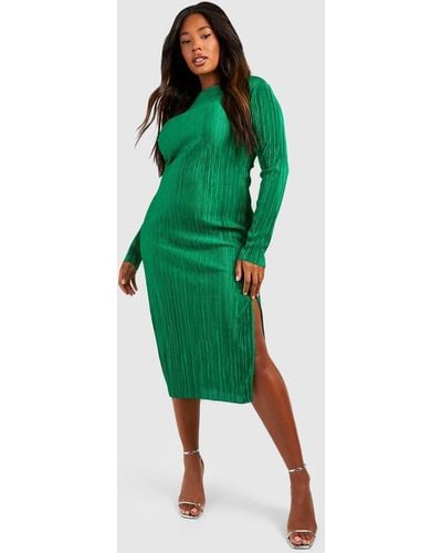 Boohoo Plus Plisse Split Long Sleeve Midi Dress - Green