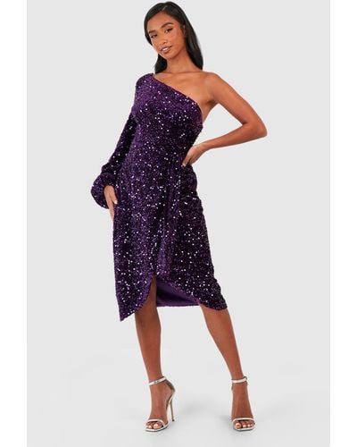 Boohoo Petite Velvet Sequin Asymmetric Wrap Midi Dress - Purple